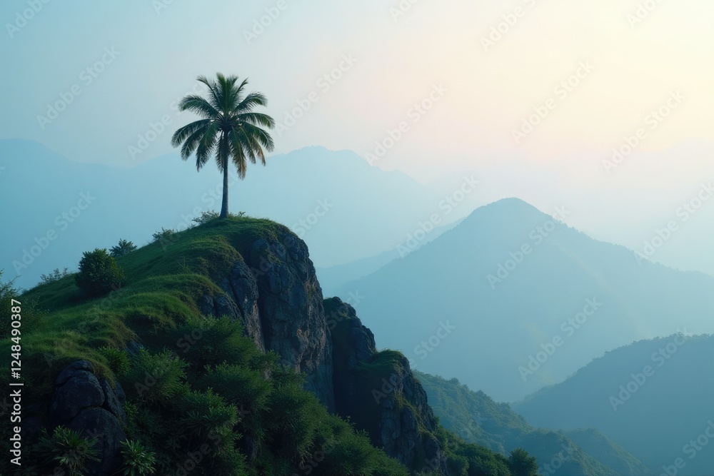 Mountain peak with a solitary palm tree, misty atmosphere, isolated, mountain, peaceful Mountain peak with a solitary palm tree, misty atmosphere, isolated, mountain, peaceful