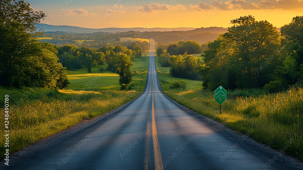 Fototapeta premium Sunset highway vanishing point, rural landscape, travel