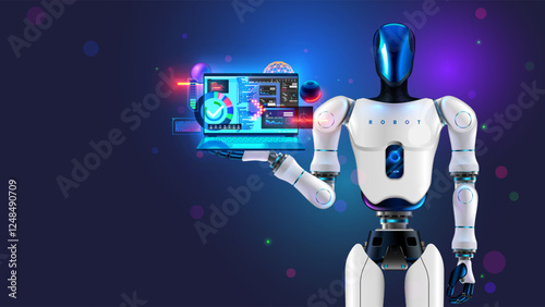 Ai bot programmer with laptop with code programs on screen. Artificial intelligence coder. robot programmer. Software development technology. Ai chat bot create program code, programming on laptop.