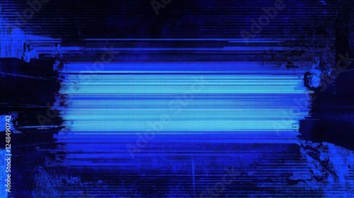 A blue screen with static noise on it- VHS-like glitchy lines and rough edges- dark background.