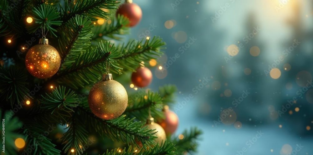 Fototapeta premium Ornamented evergreen tree with golden ornaments and warm lights, shine, tree