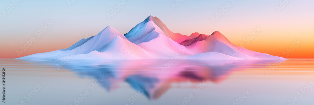 A panoramic view of low-poly slopes cast in warm sunlight, their mirror-like reflection embellished A panoramic view of low-poly slopes cast in warm sunlight, their mirror-like reflection embellished