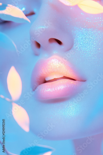 An intimate shot focusing on lips partially concealed by luminous blue foliage, gentle light shifts