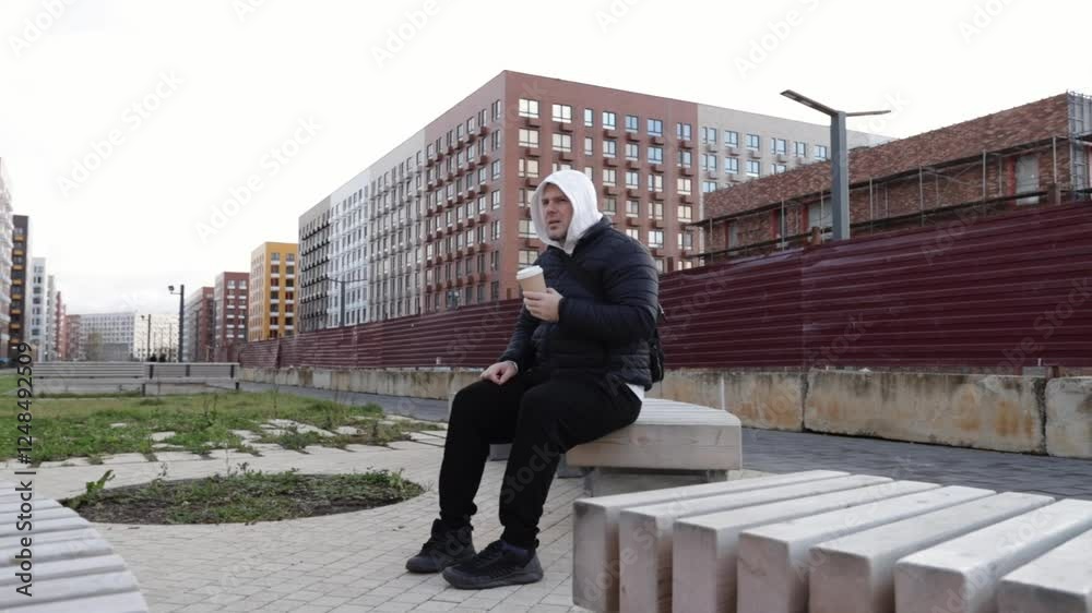 Man drinking coffee on a city street, enjoying a warm beverage outdoors, casual clothing on a cold day. Man drinking coffee on a city street, enjoying a warm beverage outdoors, casual clothing on a cold day.