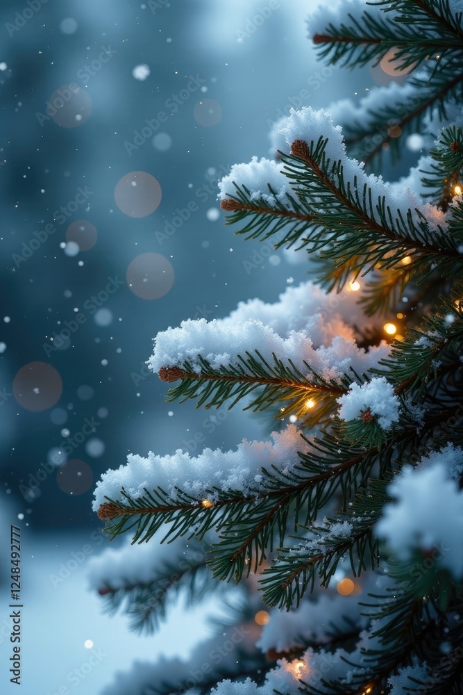Snow-covered pine with delicate snowflakes and twinkle lights, winter scenery, delicate snowflakes Snow-covered pine with delicate snowflakes and twinkle lights, winter scenery, delicate snowflakes