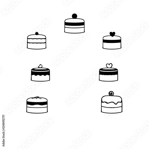 A Collection of Black and White Cakes: Illustrative, simplified, and stylized. Diverse cake toppers on a white background.