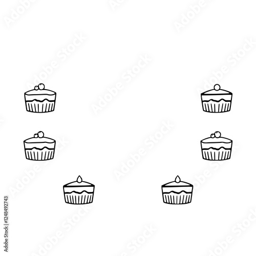 Black and white cupcakes with stylized outlines, scattered across a white background.