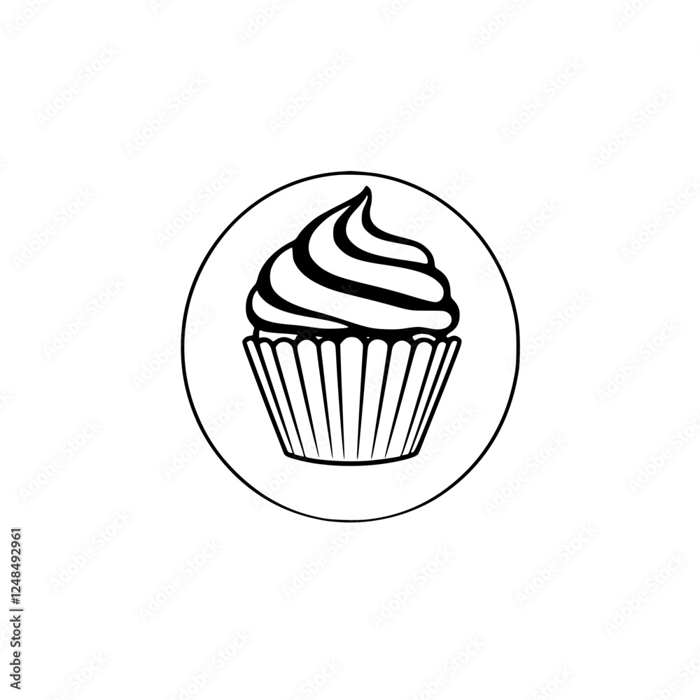 Simple Cupcake: a black and white minimalist line drawing of a cupcake in a circular frame on a white background. Simple Cupcake: a black and white minimalist line drawing of a cupcake in a circular frame on a white background.