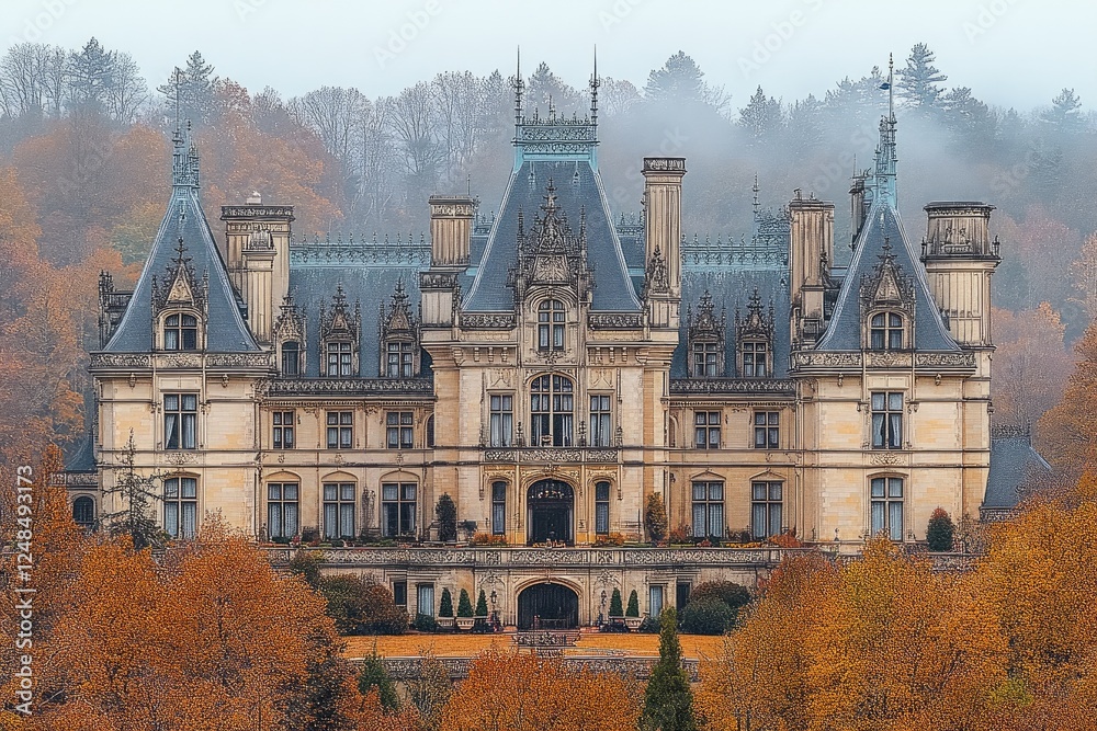 Obraz premium Autumnal Chateau: Majestic Castle, Picturesque Landscape, Fall Foliage