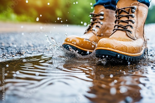 A close-up of rugged hiking boots splashing in a puddle, with water droplets and ripples creating a sense of adventure and movement