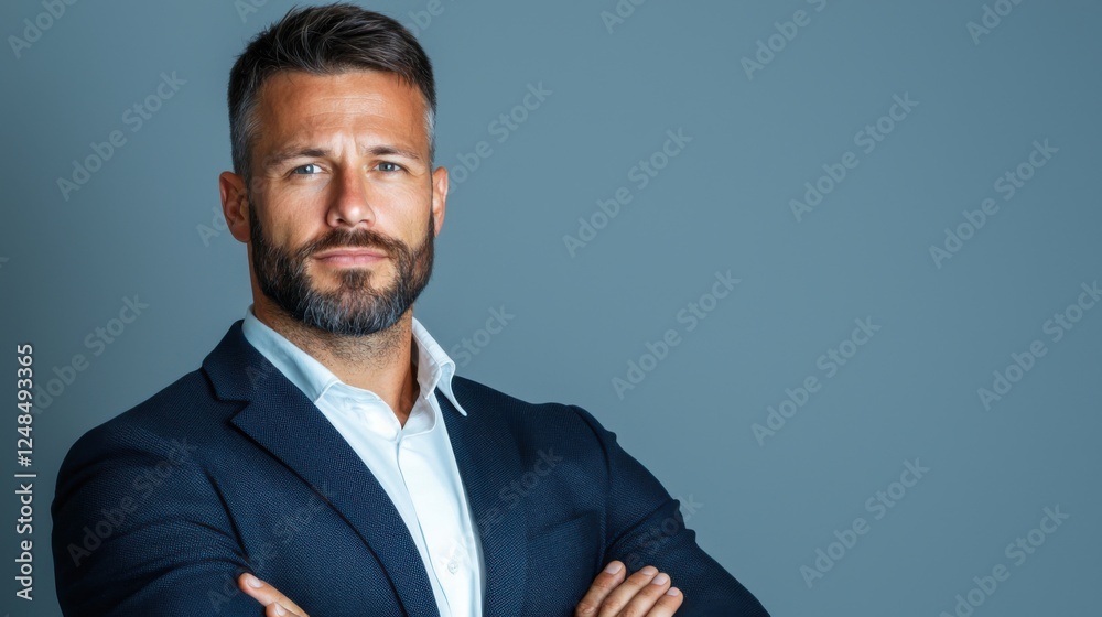 Confident corporate professional in formal suit and tie posing for a studio headshot against a blue and gray background The image conveys a sense of authority leadership Confident corporate professional in formal suit and tie posing for a studio headshot against a blue and gray background The image conveys a sense of authority leadership
