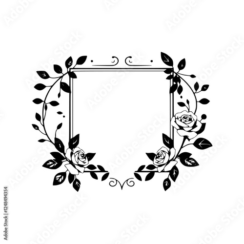 Elegant black and white floral frame with roses, leaves, and decorative elements.