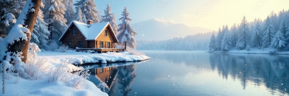 Snowflakes gently falling on a frozen lake near the cottage, landscape, ice, winter wonderland Snowflakes gently falling on a frozen lake near the cottage, landscape, ice, winter wonderland