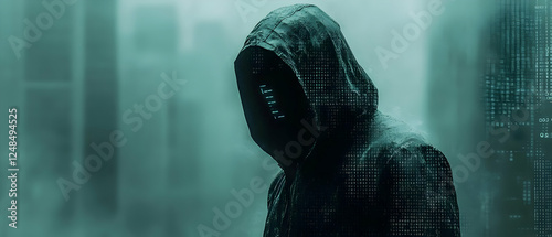 Hooded Figure, Cityscape, Cyber Background photo