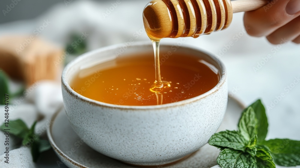 A minimalistic image of hands pouring honey from a wooden dipper into a white ceramic bowl surrounded by fresh mint leaves A minimalistic image of hands pouring honey from a wooden dipper into a white ceramic bowl surrounded by fresh mint leaves