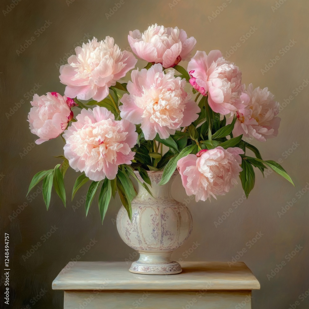 A beautiful arrangement of pink peonies blooms in a classic vase. The soft colors create a serene ambiance. Perfect for a floral design or home decor project. AI A beautiful arrangement of pink peonies blooms in a classic vase. The soft colors create a serene ambiance. Perfect for a floral design or home decor project. AI