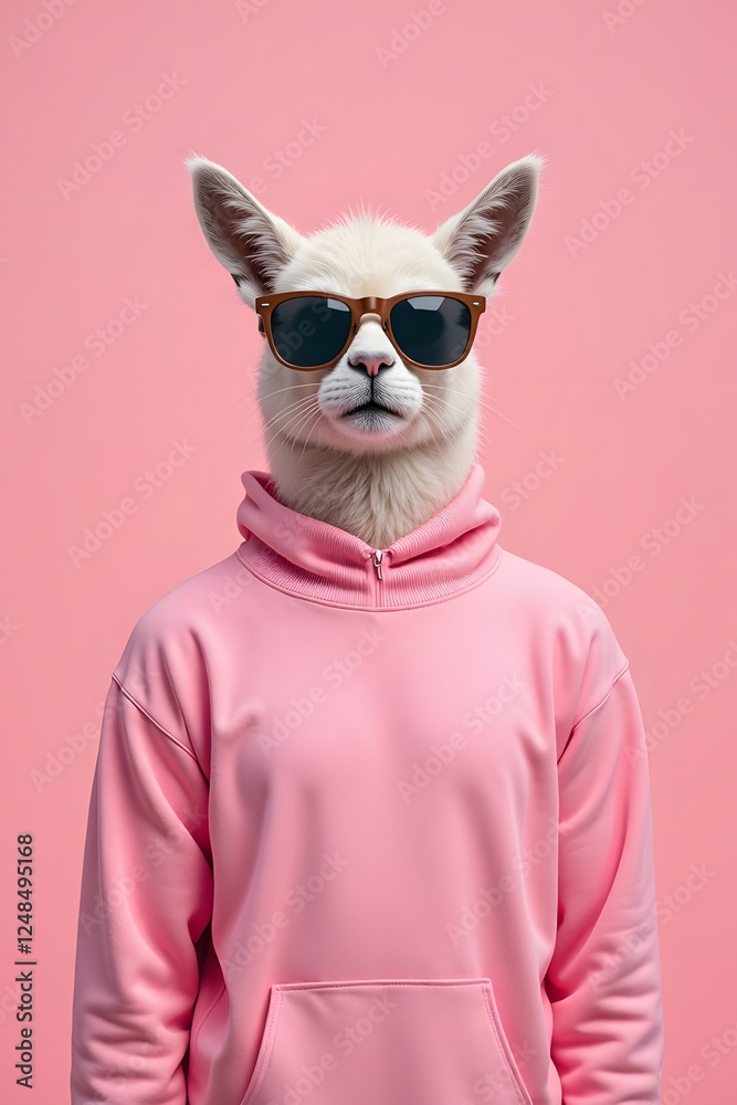 Cool llama in pink hoodie with sunglasses against pink background Cool llama in pink hoodie with sunglasses against pink background