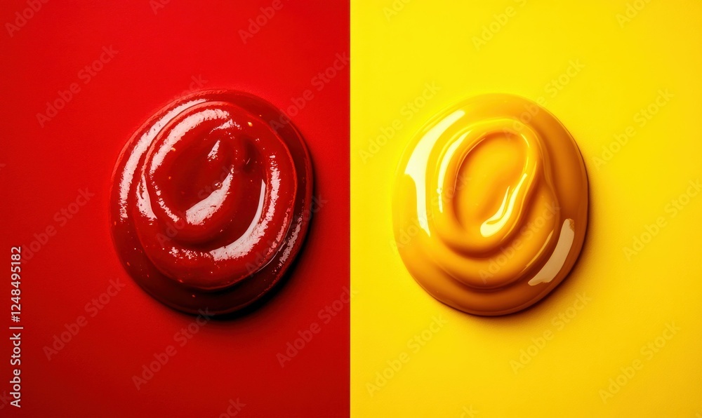 Fototapeta premium Ketchup and Mustard Swirls on Vibrant Background