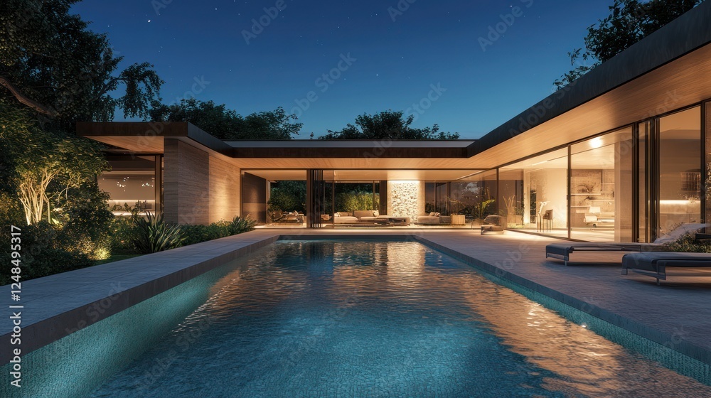 Fototapeta premium Modern villa, night pool view, tropical garden, luxury home design, architectural rendering