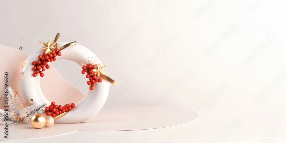 Elegant Christmas wreath with red berries and golden accents on a minimalist background