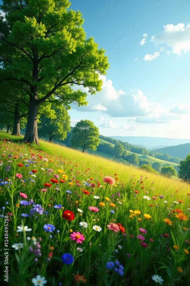 Trees and wildflowers blend seamlessly into the horizon, nature, landscape, peaceful Trees and wildflowers blend seamlessly into the horizon, nature, landscape, peaceful