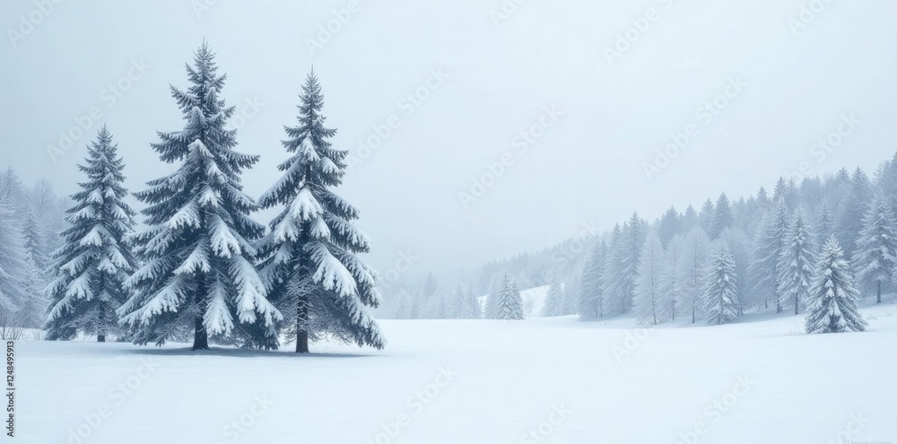 Naklejka premium Trees swayed gently in the cold wind under a blanket of white snow, trees, landscape, white