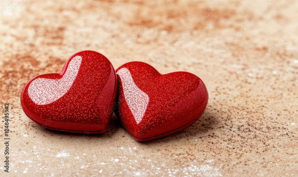 Fototapeta premium Glittering Red Hearts on Sandy Background