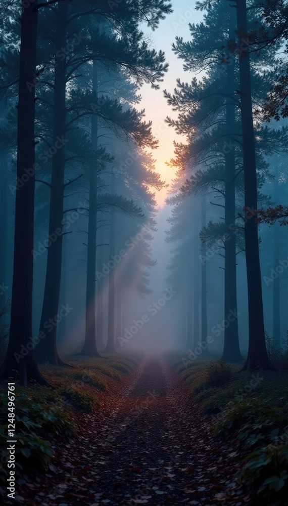 Fototapeta premium Twinkling starlight on a misty forest landscape at dusk, fog, mist, autumn
