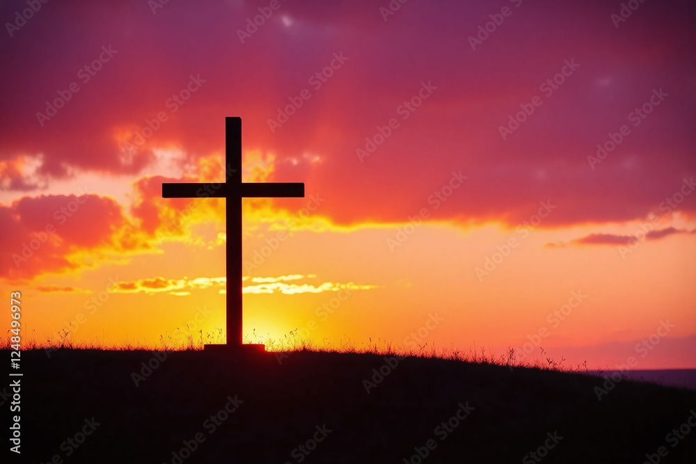 large dark wooden cross on grassy hill colorful sunset sky large dark wooden cross on grassy hill colorful sunset sky