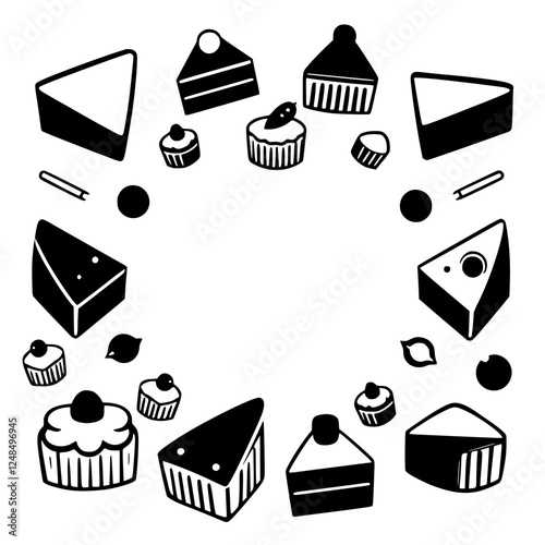 Illustrative black and white composition of various cakes, cupcakes, and desserts arranged in a circle with a white backdrop.