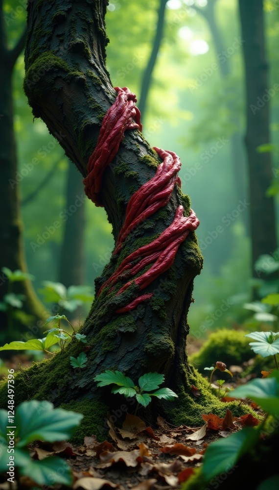 Twisted trunk of Devil s club amidst forest foliage, vegetation, plant, woodland Twisted trunk of Devil s club amidst forest foliage, vegetation, plant, woodland