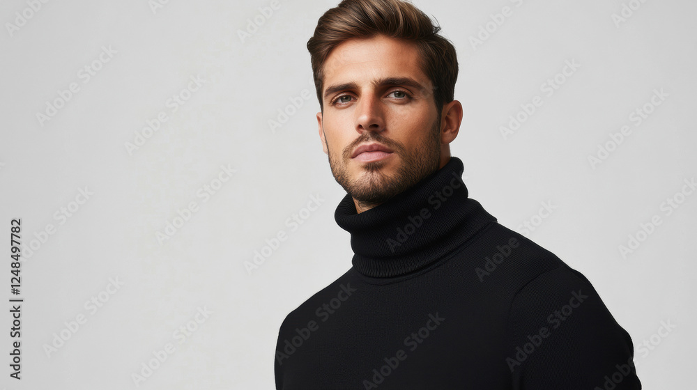 Obraz premium Modern fashion portrait of a man in black turtleneck against minimalist background