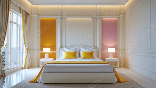 A calm and inviting bright bedroom with snow-white walls, a warm and luxurious home backdrop or a luxury hotel interior design backdrop featuring a soft and gentle light beige color.