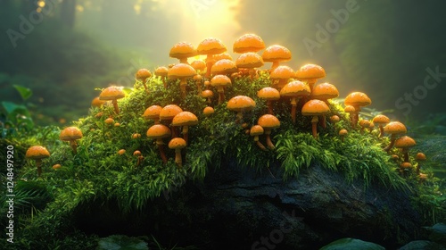 Wallpaper Mural Forest Fungi: Mossy Rock, Golden Mushrooms Glowing Torontodigital.ca