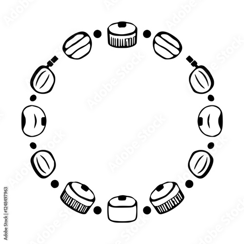 Black and white, simple illustration of a circular, bracelet-like arrangement. The images are coffee beans and lids.