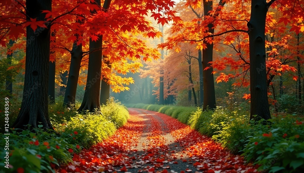 Fototapeta premium Amber and crimson maple leaves on a forest path, green, orange