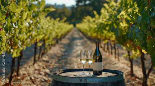 Vineyard elegance with wine bottle and glasses for tasting and celebration