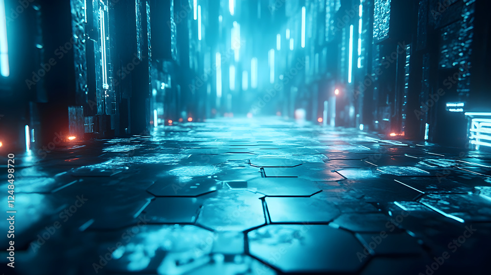 Obraz premium A neon-lit cityscape of towering buildings, filled with shimmering blue lights that stretch across the horizon, evoking a sense of futuristic wonder.