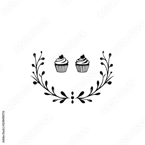 Cupcakes decorated with floral wreath in minimalist style on white background.