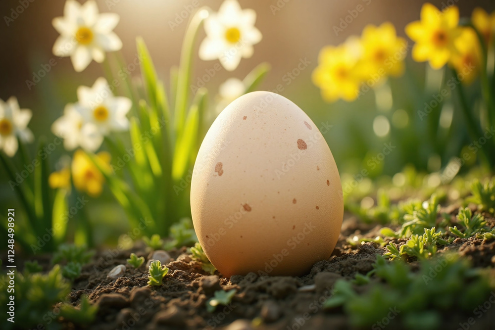 large beige speckled egg in outdoor setting plants flowers spring large beige speckled egg in outdoor setting plants flowers spring
