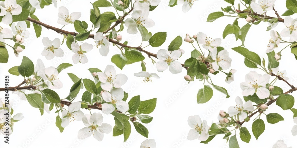 Obraz premium Beautiful blooming branches with white flowers and green leaves. This image showcases the essence of spring. Perfect for nature lovers and floral designs. Ideal for presentations or decor. AI
