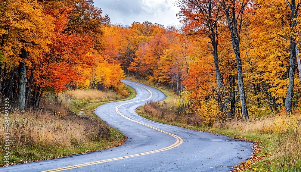 Obraz premium A winding autumn country road bordered by maple trees in brilliant shades of orange and yellow