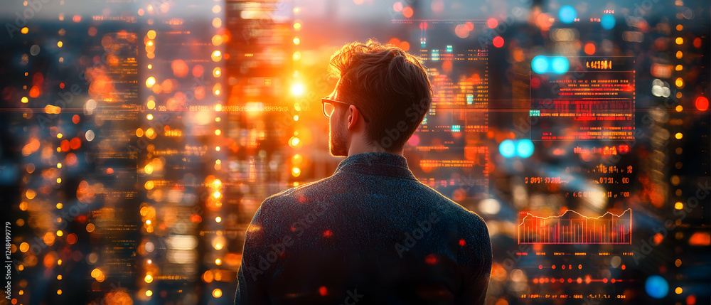 Fototapeta premium Man views city data at sunset