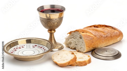 A chalice of red wine, bread, and a paten, symbolic elements of a religious ritual photo