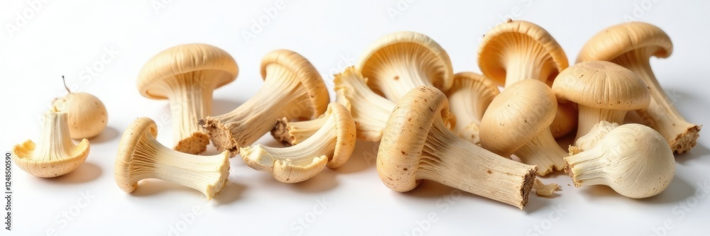 Delicate dried mushroom caps scattered on a white surface, clean, white background, dried Delicate dried mushroom caps scattered on a white surface, clean, white background, dried