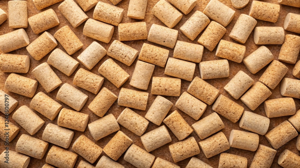 Obraz premium A profusion of wine corks arranged in a swirling pattern, showcasing their natural texture and light brown hue