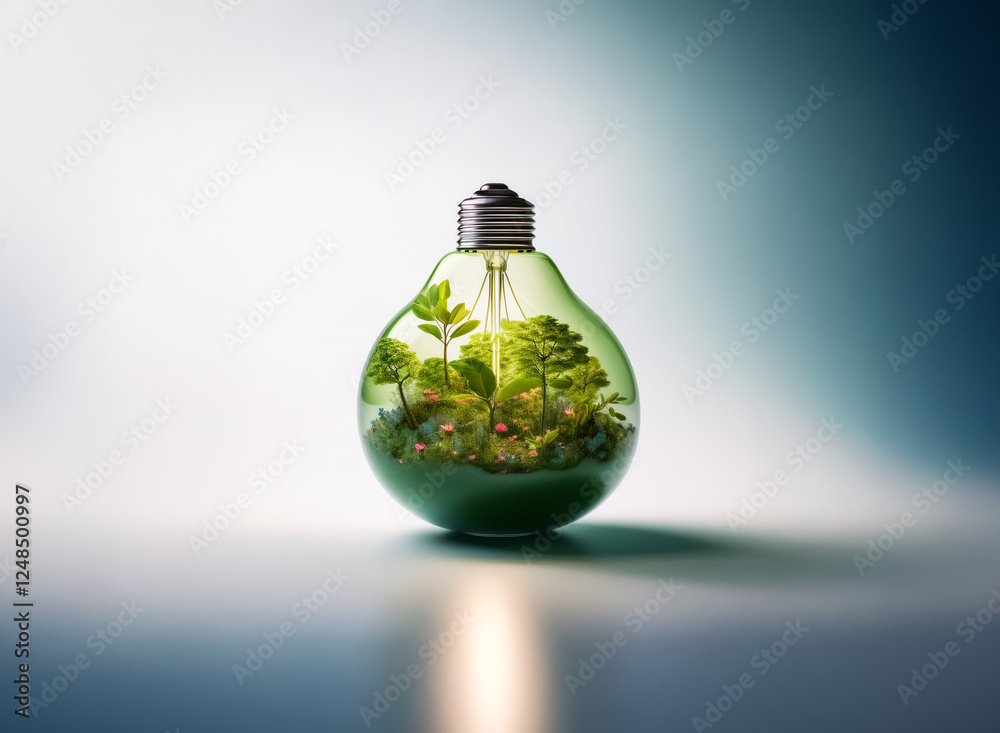 Green nature scene with trees and plants is shown inside a lightbulb shape using double exposure to convey ideas and growth. Green nature scene with trees and plants is shown inside a lightbulb shape using double exposure to convey ideas and growth.