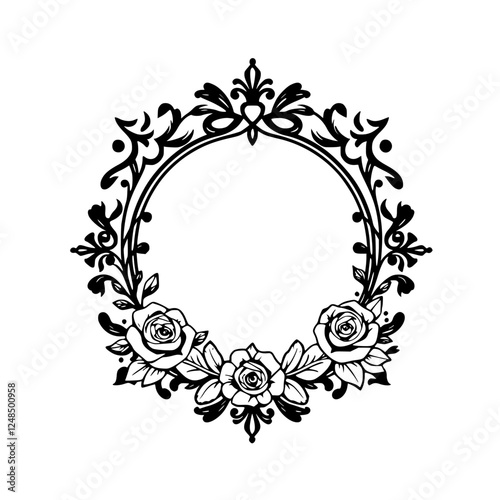 Elegant black-and-white frame showcasing floral roses, a decorative design, featuring a black floral round frame with roses.