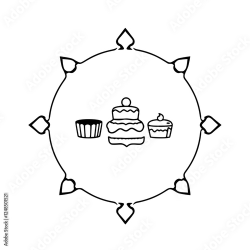 Cakes, Cupcakes, and Bakery treats within a circular frame.