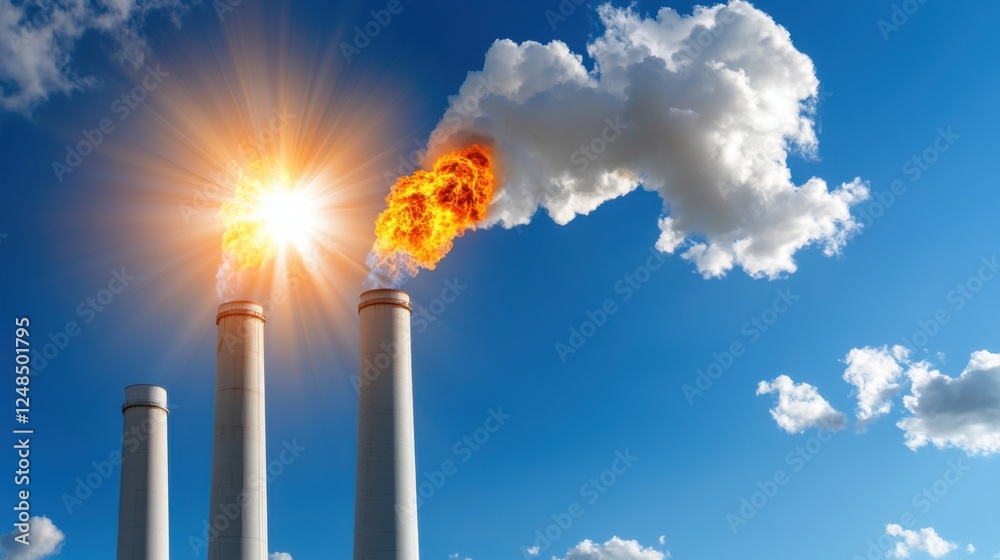 Fototapeta premium Dramatic image of a fossil fuel power plant with tall smokestacks billowing thick dark smoke against a vibrant blue sky with puffy white clouds and a bright sun shining